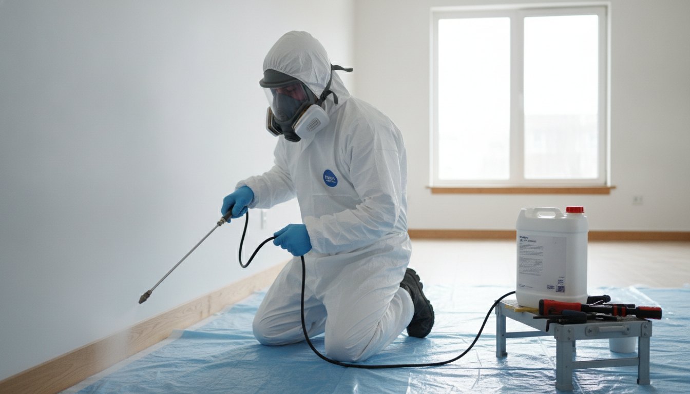 Profissional com equipamento de proteção individual aplicando produto químico no rodapé de uma parede.