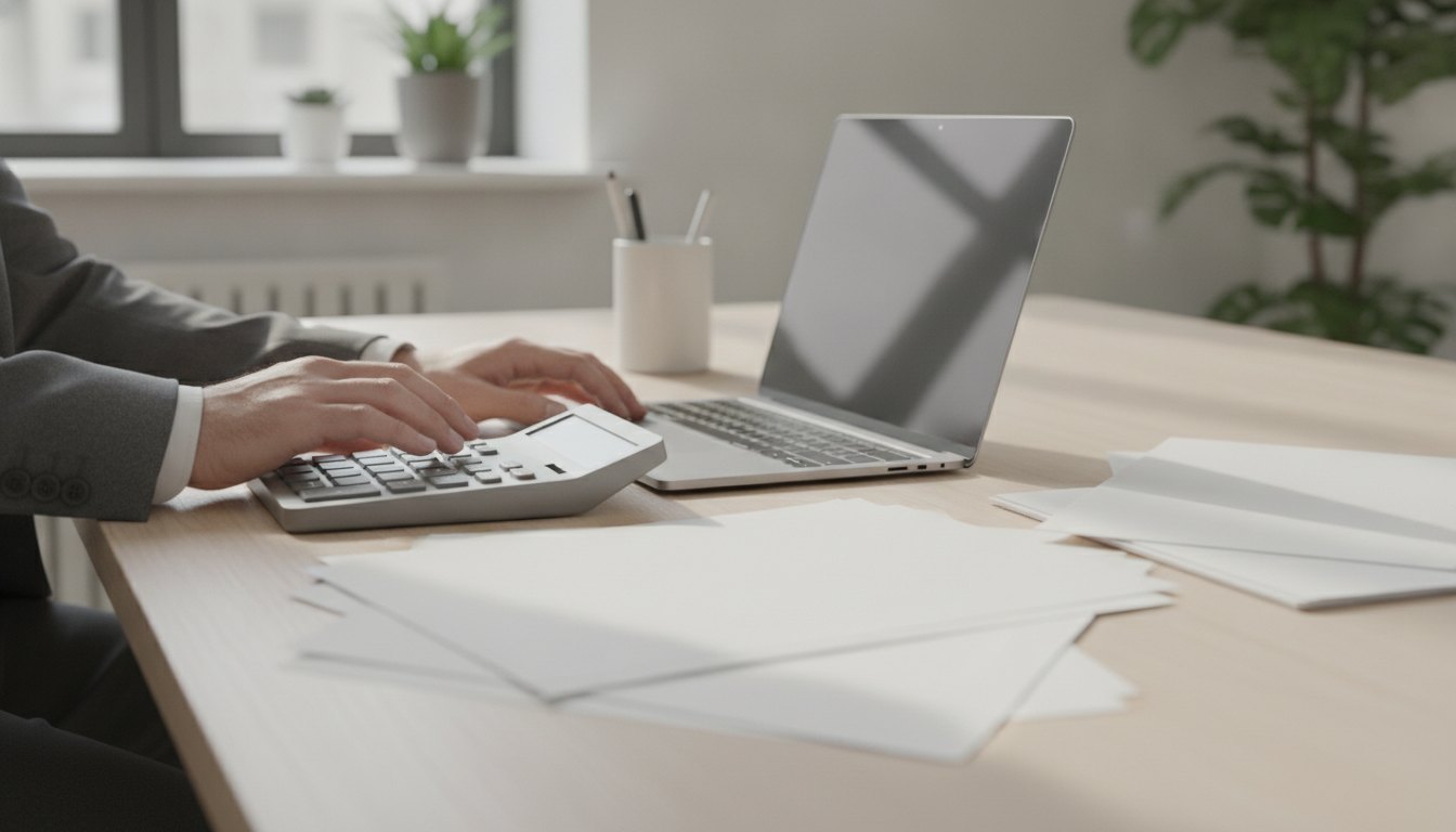 Mulher usando calculadora e digitando em um notebook sobre uma mesa de escritório com papéis.