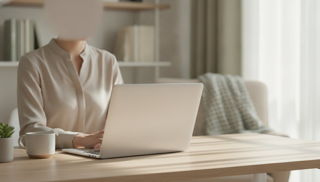 Mulher sentada diante de um notebook em uma mesa de escritório doméstico bem iluminada